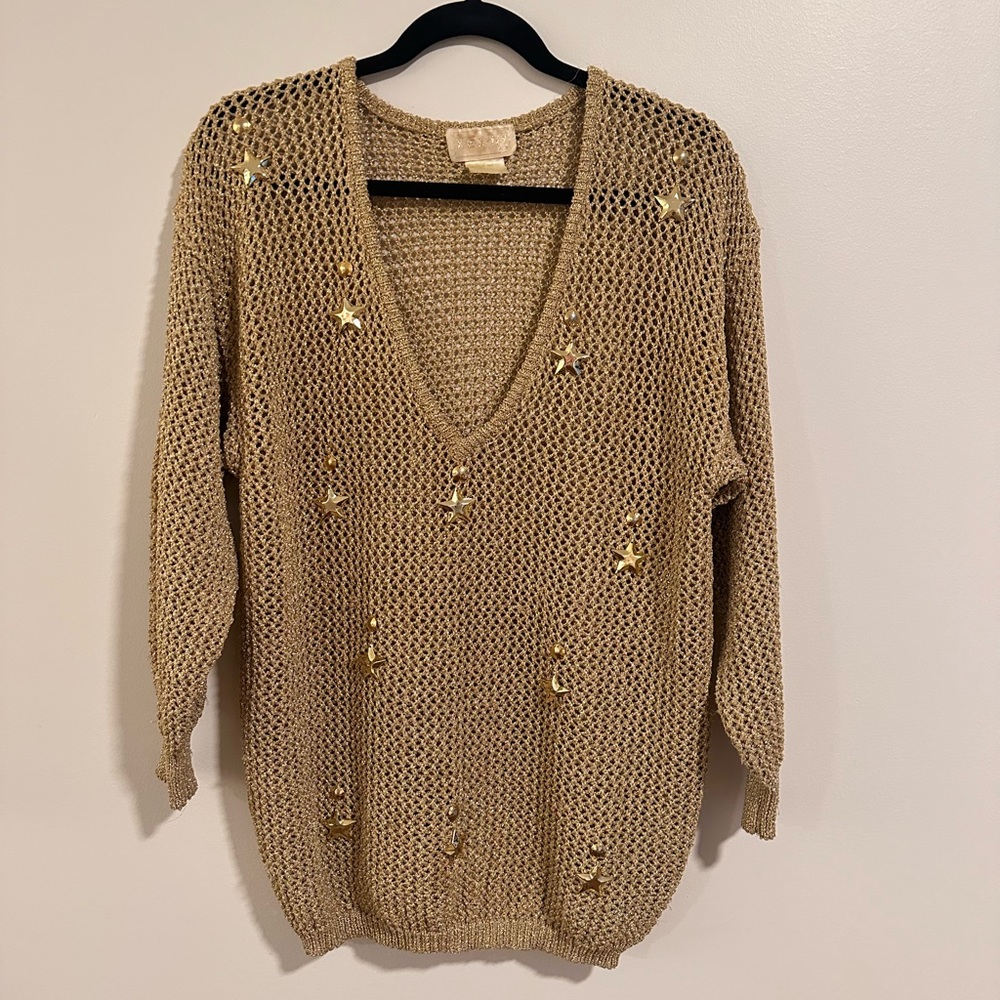 vintage 80s glitter gold oversized knit pullover with stars hardware, sz medium